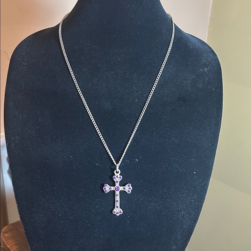 Vintage Gothic Silver Cross Necklace • Purple Stone Grunge Goth Pendant
